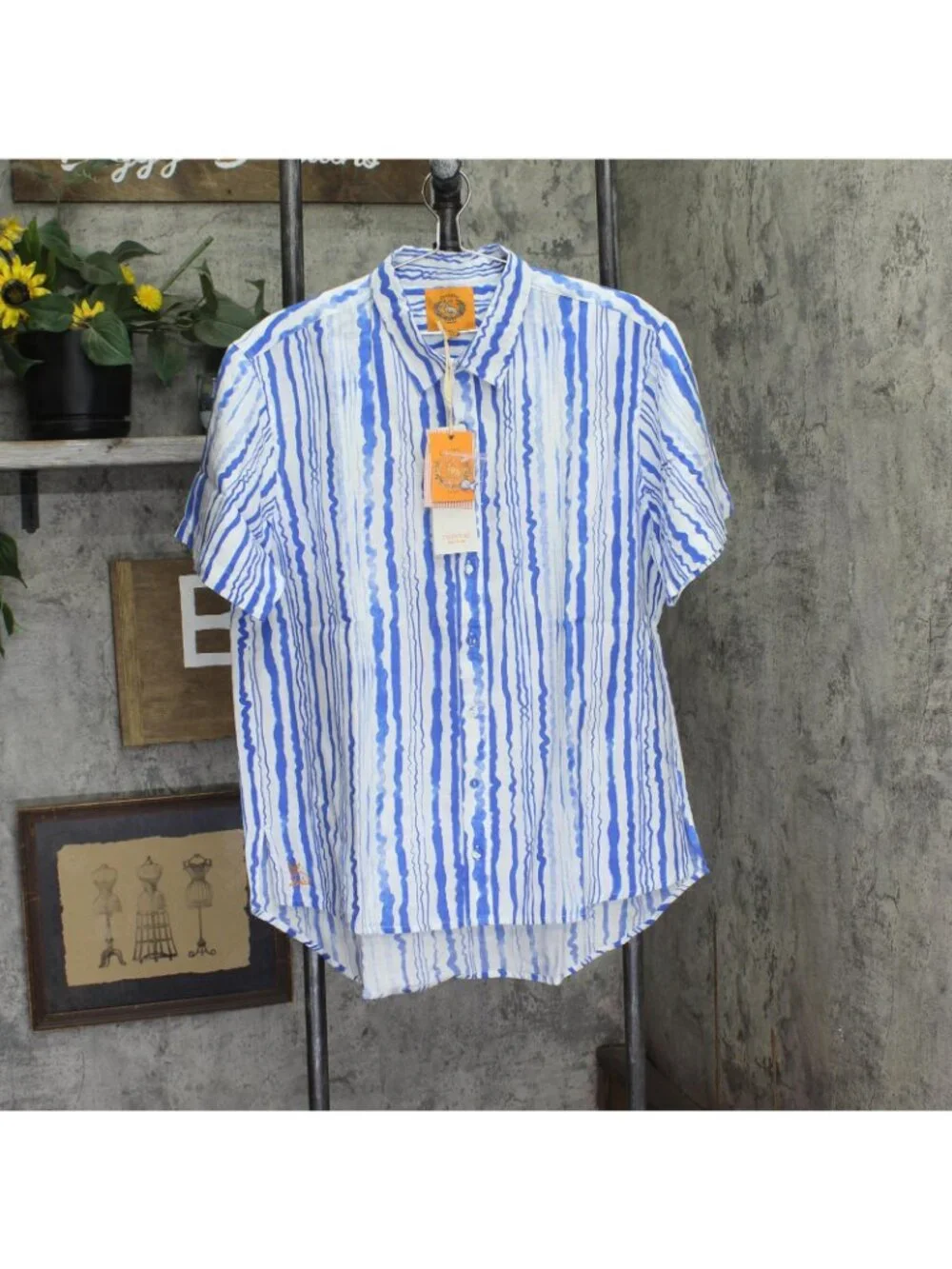 NWT Coniglio Palm Beach Linen Blend Short Sleeve Shirt Wiggle Blue